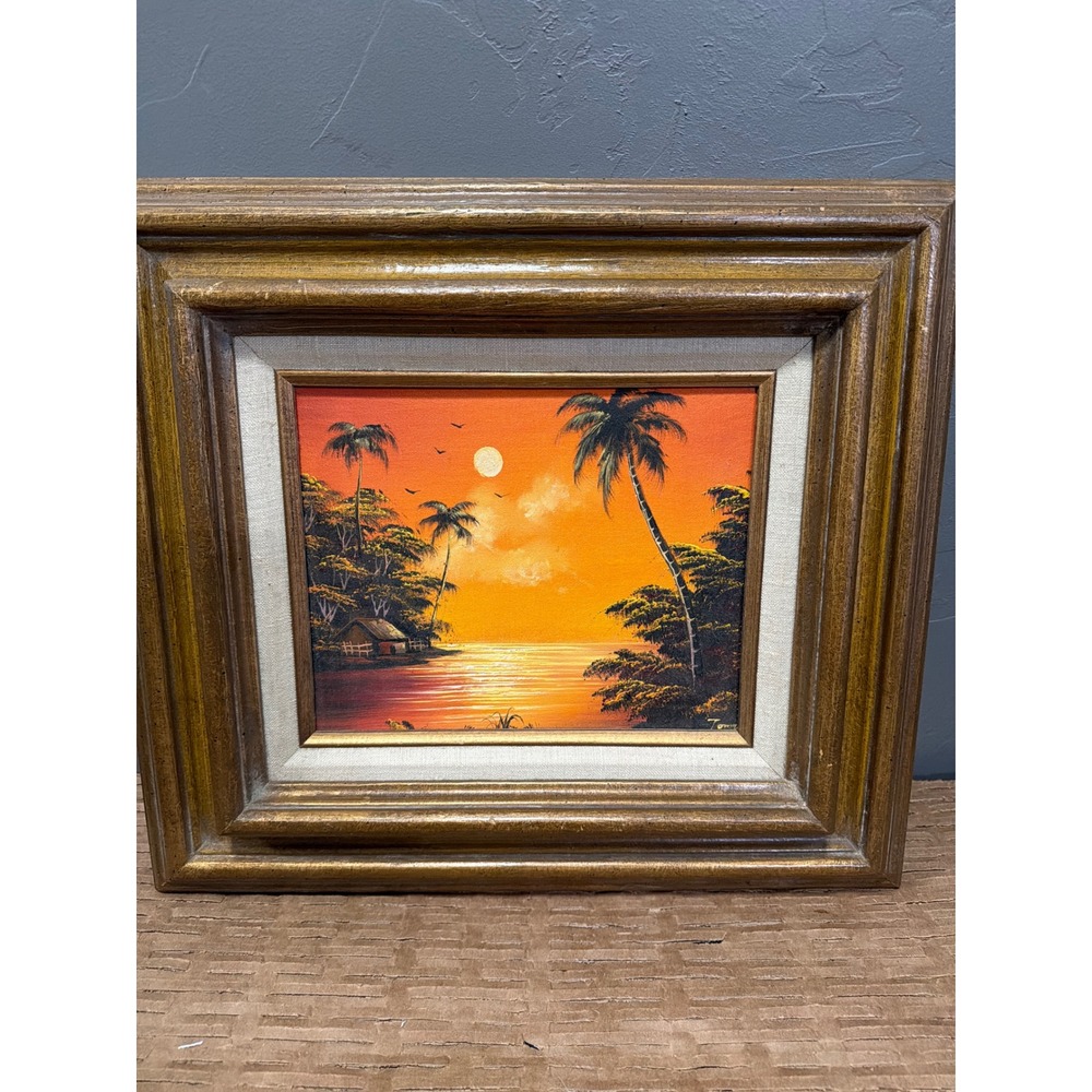 Vintage Tony Signed Tropical Sunset Oil Painting Framed Palm Trees Beach Scene